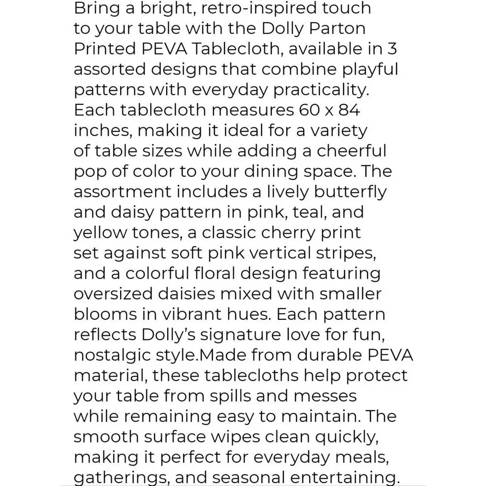 Dolly Parton Butterflies Floral Print PEVA Tablecloth